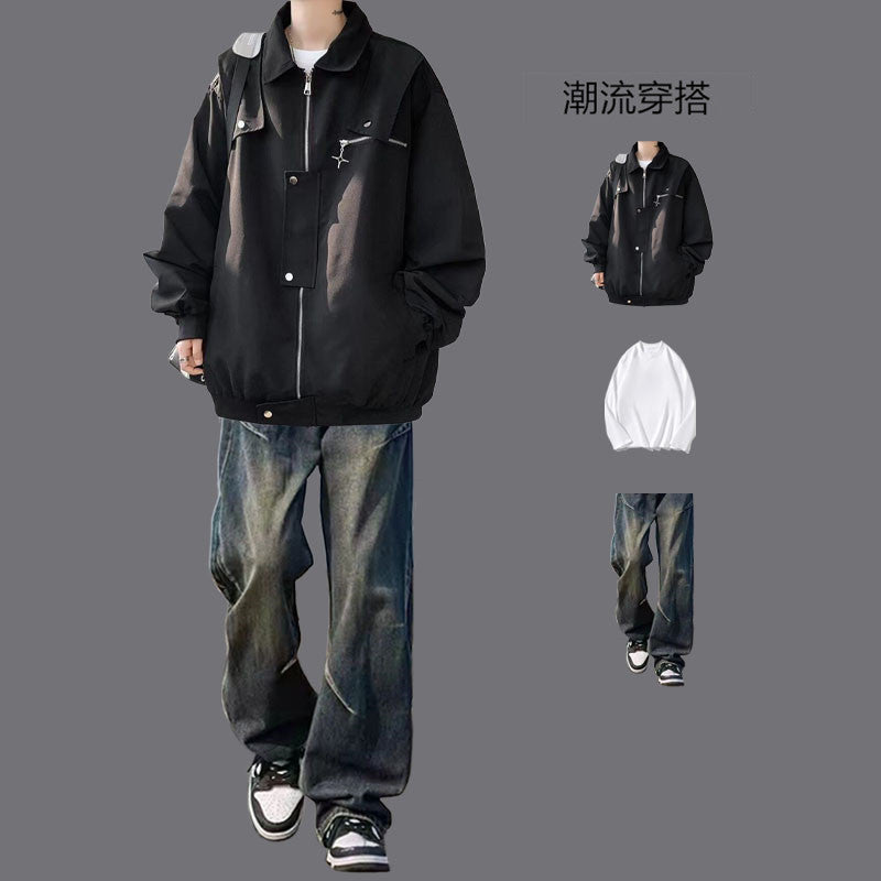 American Style Work Jacket Men's Spring and Autumn suit Duffy Handsome Trendy Brand Charge Jacket Jacket Matching Jeans Men's Three-Piece Set