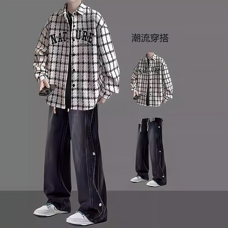 American Jacket Coat Boys suit Spring and Autumn New Handsome Hong Kong Style Shirt Set Matching Fashion Men's Two-piece Set