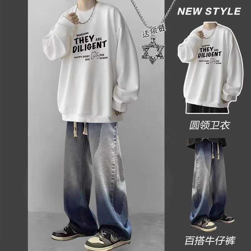 Heavy Sweatshirt Boys suit Spring and Autumn Long Sleeve Matching High Street Jeans Teenagers Handsome Wear Three-Piece Suit