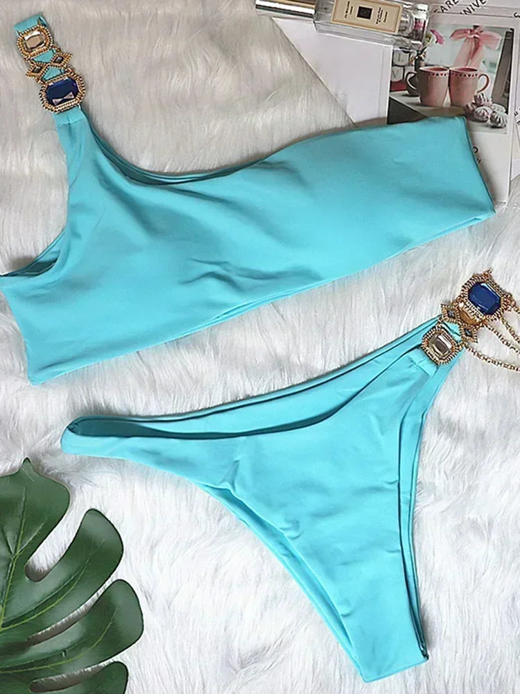 2025 Rhinestone Swimsuit Women Bikinis Crystal Diamond Bikini Set Metal Chain Swimwear female Luxury Aristocratic Swimming Suit