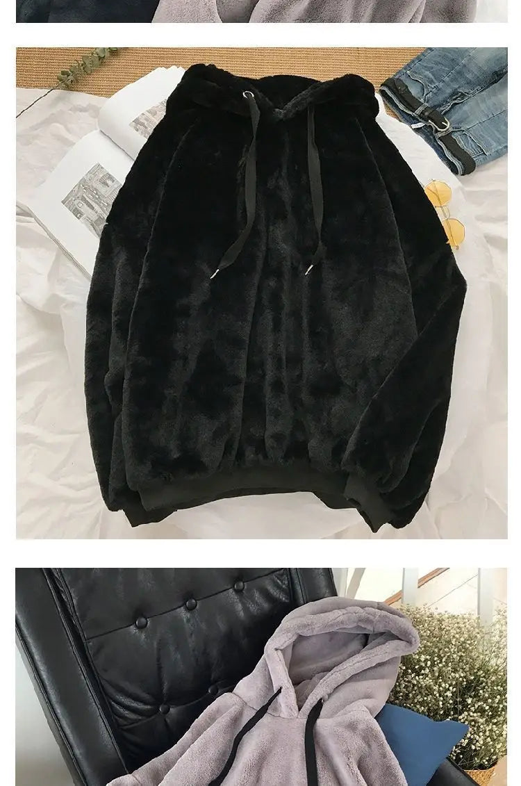 Plus Velvet Hoodies Women Hooded Thicker Furry Cozy Korean Fashion Couples Simple Winter Warm Coats Loose Outwear Slouchy Ins