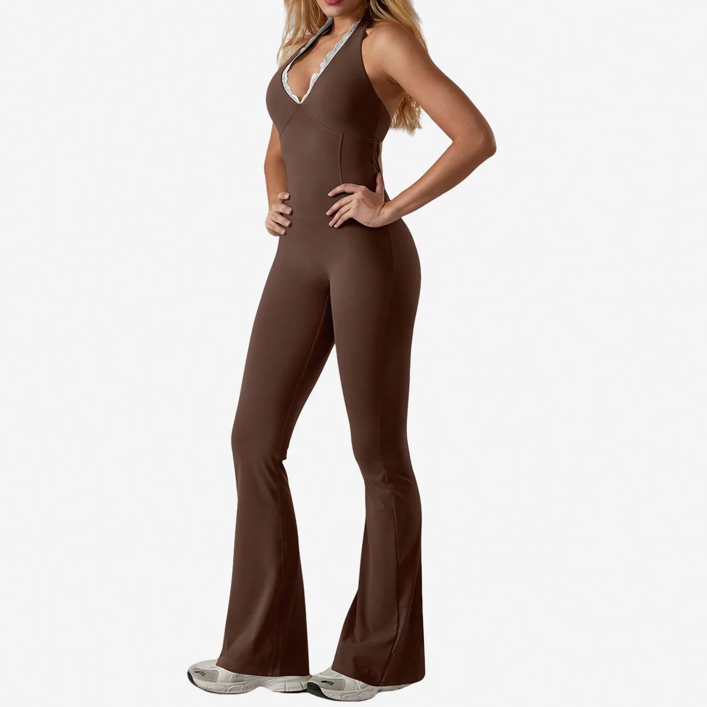 Halter Lace Bodysuit Women Yoga Set Tracksuits Fitness Sports Jumpsuit One-piece Suit Flared Pant Dry Workout Clothes XP11