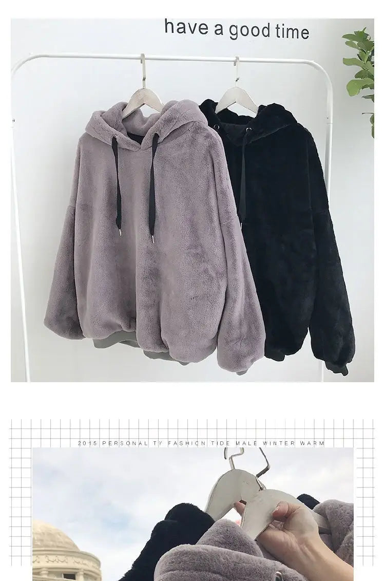 Plus Velvet Hoodies Women Hooded Thicker Furry Cozy Korean Fashion Couples Simple Winter Warm Coats Loose Outwear Slouchy Ins