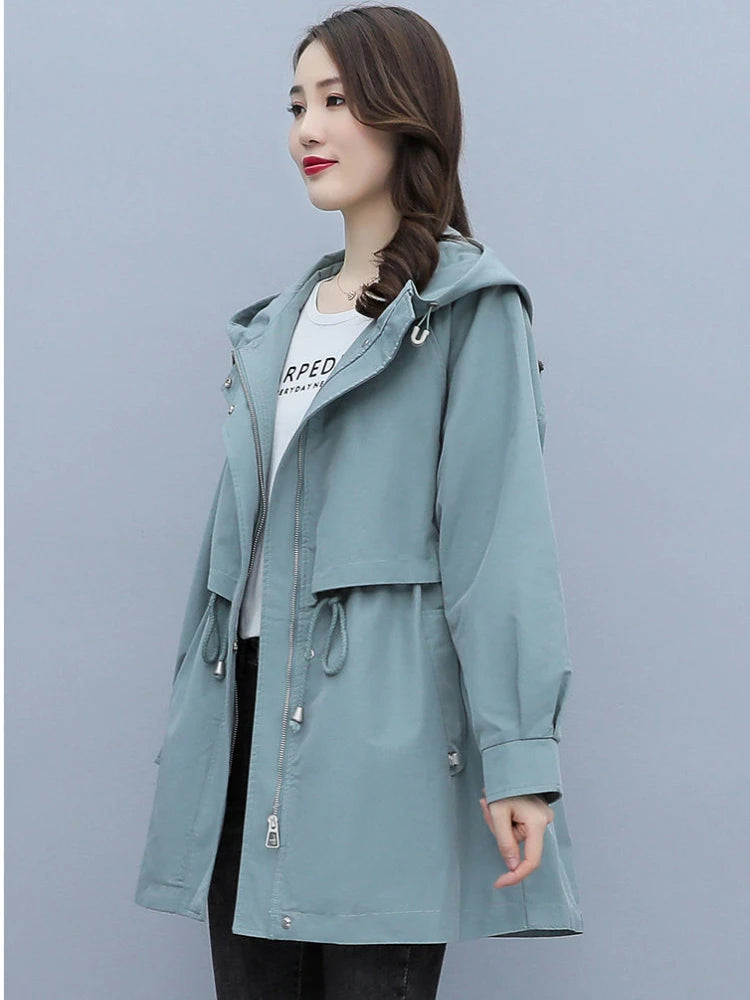 Spring and Autumn 2023 Women's Mid-length Trench Coat Hooded Zipper Tie-in Jackets British Style Loose Coats Women's Clothing