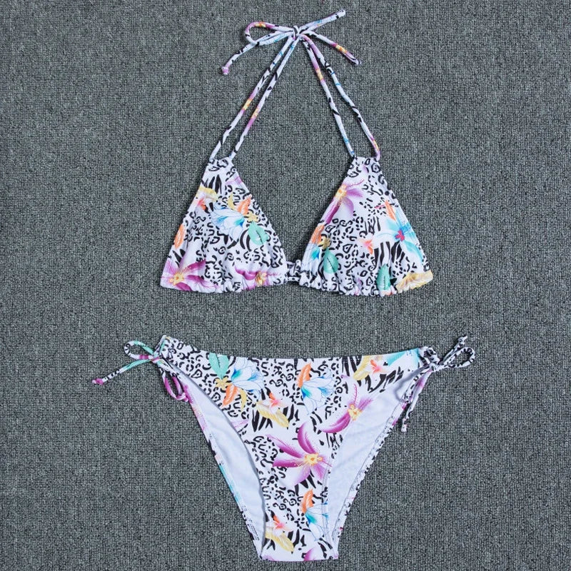 Leaves Print Swimsuit for Women,low Waist Drawstring Bikini,2-piece Swimwear,V-neck Susupender Backless Bathing Suit,beachwear