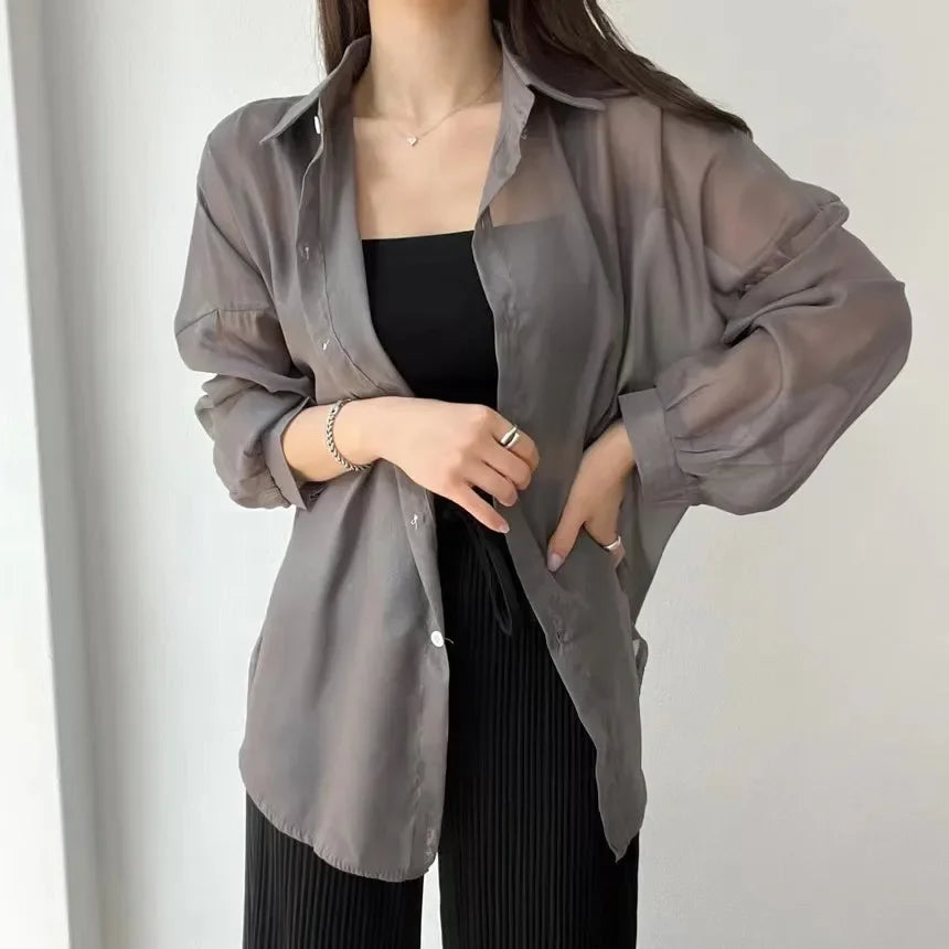 2025 Colors Shirts Women Sheer Thin Chic Summer Simple Solid Sun-proof Temper Fashion Baggy All-match Basic Korean Style Clothes