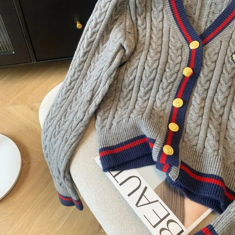 2025 Autumn Winter Preppy Style V-Neck Knitting Long Sleeve Cardigan Women Casual Appliques Single Breasted Female Loose Sweater
