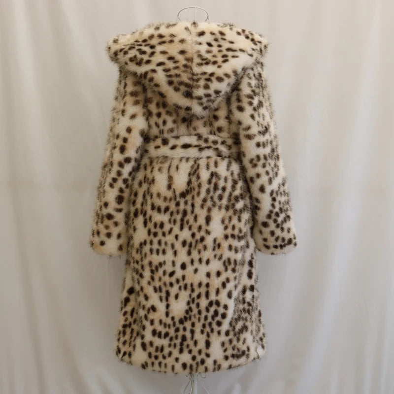 Women's leopard print faux fur coat fox fur long coat Wool hooded warm winter mink trench coat