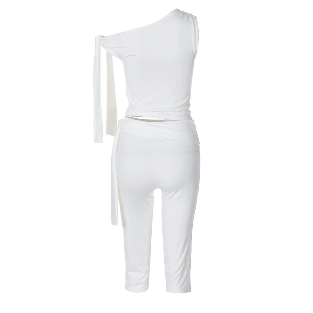 Hugcitar Fashion 2 Pcs Sets Solid One Shoulder Sleeveless Draped Sexy Top Knee Length Pants Women Y2K Outfits Festival Party