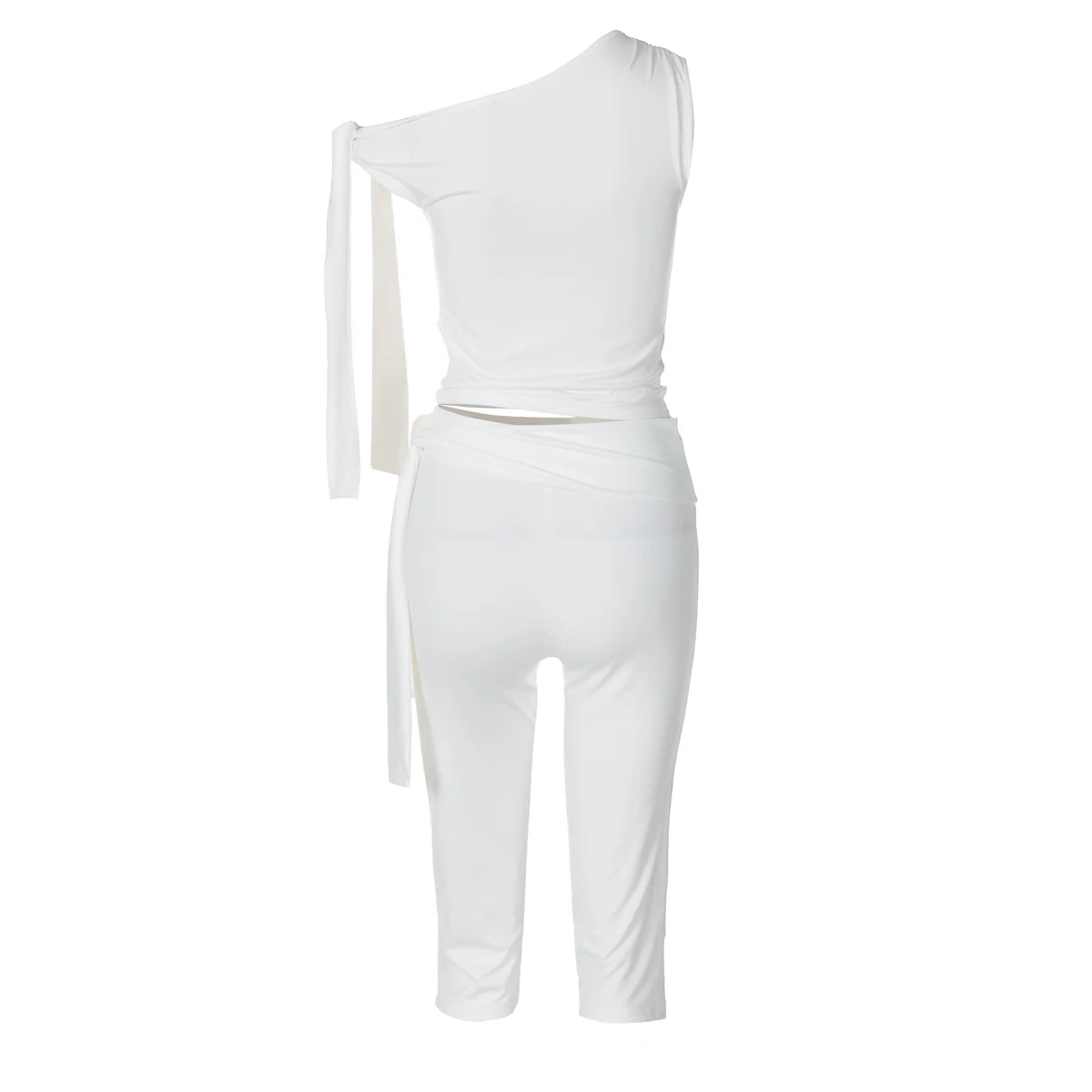 Hugcitar Fashion 2 Pcs Sets Solid One Shoulder Sleeveless Draped Sexy Top Knee Length Pants Women Y2K Outfits Festival Party