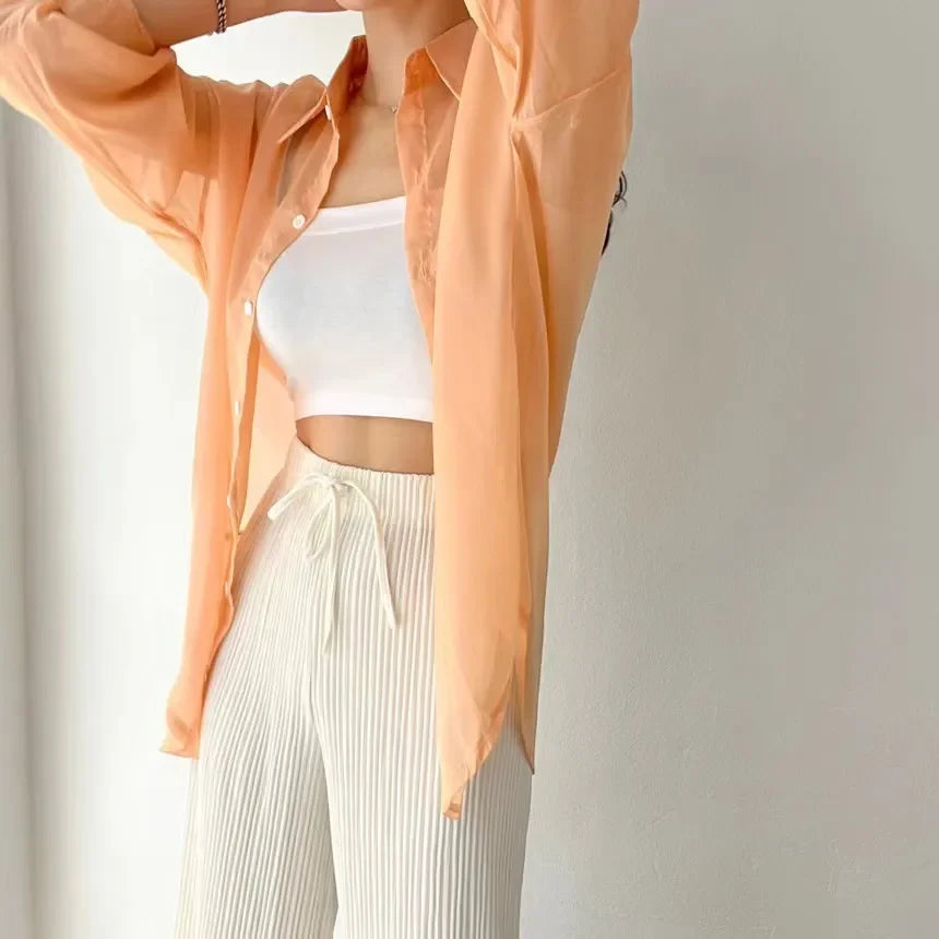 2025 Colors Shirts Women Sheer Thin Chic Summer Simple Solid Sun-proof Temper Fashion Baggy All-match Basic Korean Style Clothes