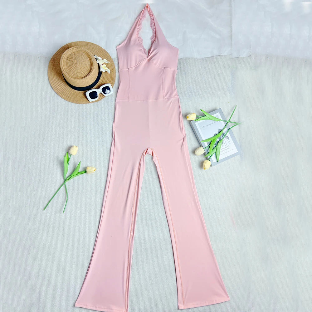 Halter Lace Bodysuit Women Yoga Set Tracksuits Fitness Sports Jumpsuit One-piece Suit Flared Pant Dry Workout Clothes XP11
