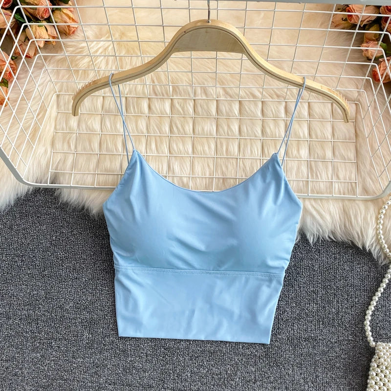 Sexy solid color crop tops sports spaghetti strap tanke top women built in bra off shoulder sleeveless omighty camisole hot