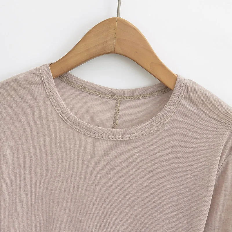 Autumn basic casual round neck long sleeved T-shirt top, high elasticity semi transparent slim knit fabric top