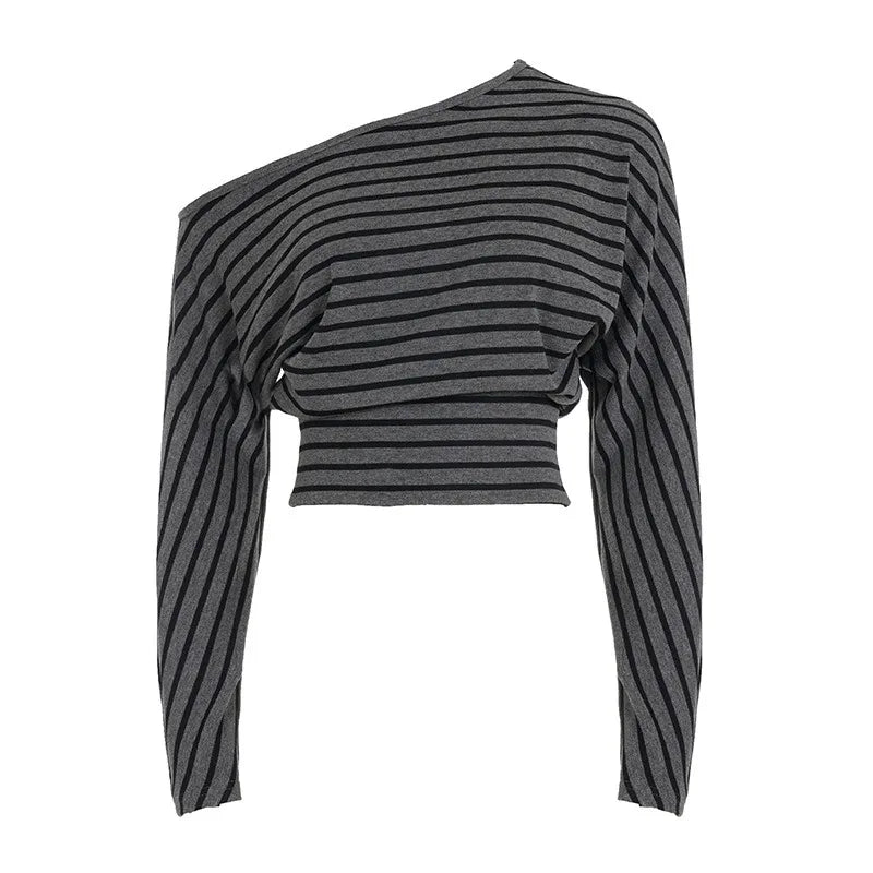 Korean Tees Striped Women Tshirts Long Sleeve Loose Camisetas 2025 Ropa Mujer Sexy Y2k Tops Off Shoulder Fashion Summer T-shirt