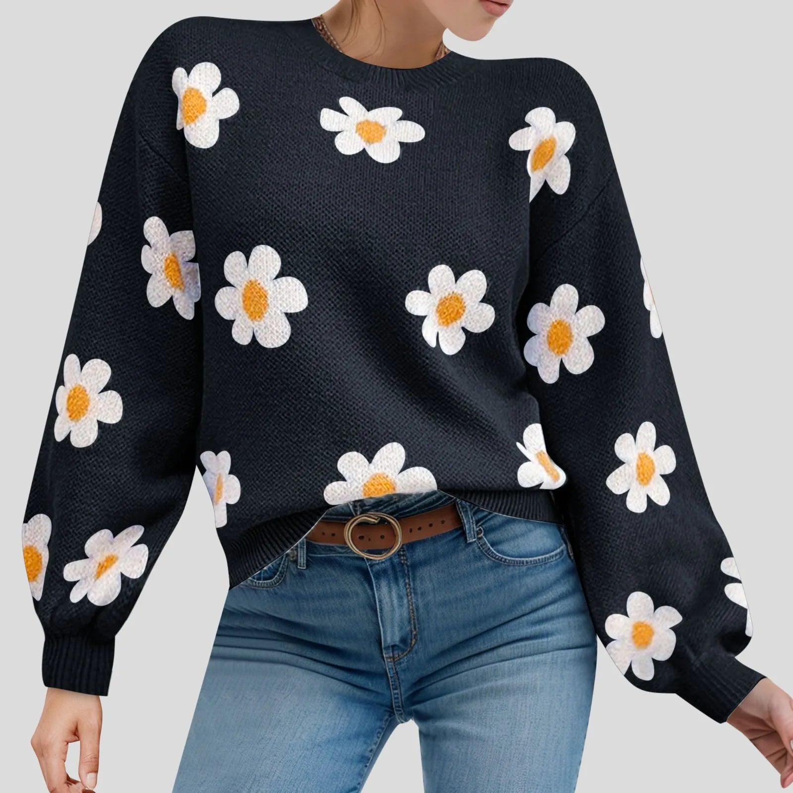 2024 Fall Sweater Women Fashion Round Neck Flower Printed Long Sleeve Ribbed Knitted Pullover Popular Top Autumn Winter Outfits