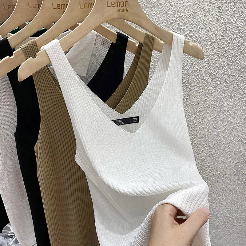 Zjaiss 2026 Summer Fashion Women Camisole Ice Silk Knit Tank Top Slim Fit Sleeveless Base Top Solid Color V-Neck Crop Top