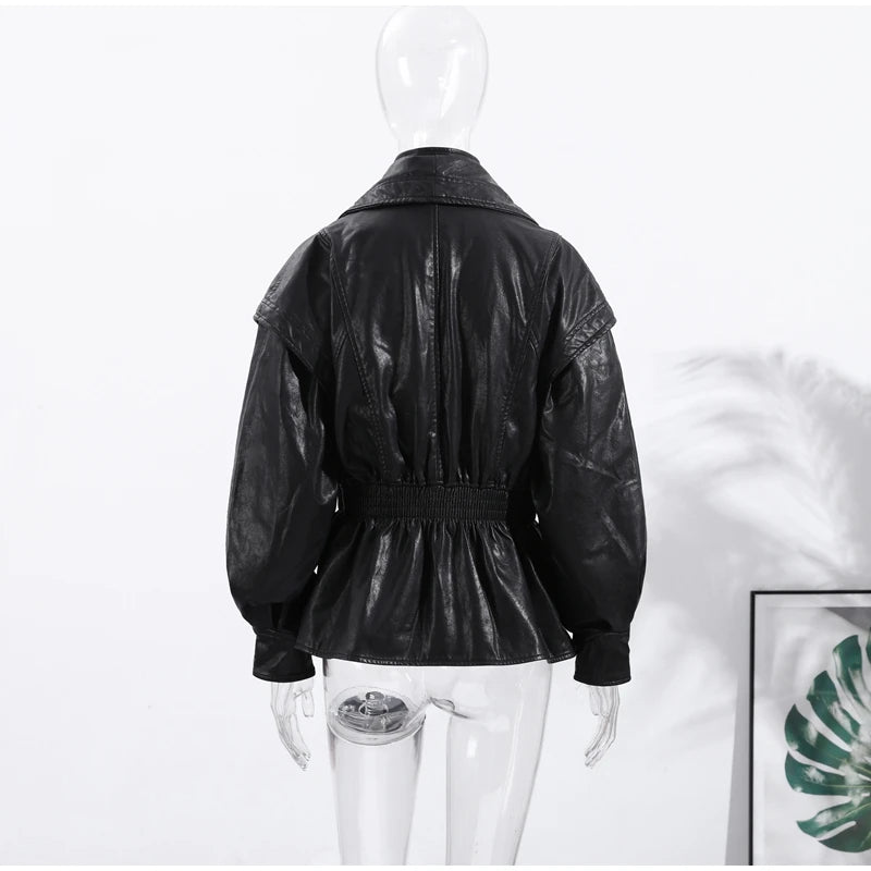 Fashion Brown Slim Waist Leather Jacket Women Loose Lapel Long Sleeve One Button Zipper Jackets 2026 Spring Street Lady Outwear