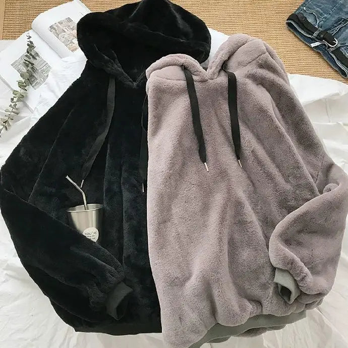 Plus Velvet Hoodies Women Hooded Thicker Furry Cozy Korean Fashion Couples Simple Winter Warm Coats Loose Outwear Slouchy Ins
