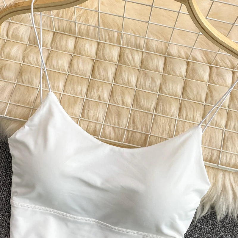 Sexy solid color crop tops sports spaghetti strap tanke top women built in bra off shoulder sleeveless omighty camisole hot