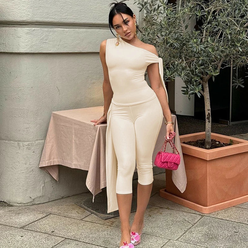 Hugcitar Fashion 2 Pcs Sets Solid One Shoulder Sleeveless Draped Sexy Top Knee Length Pants Women Y2K Outfits Festival Party