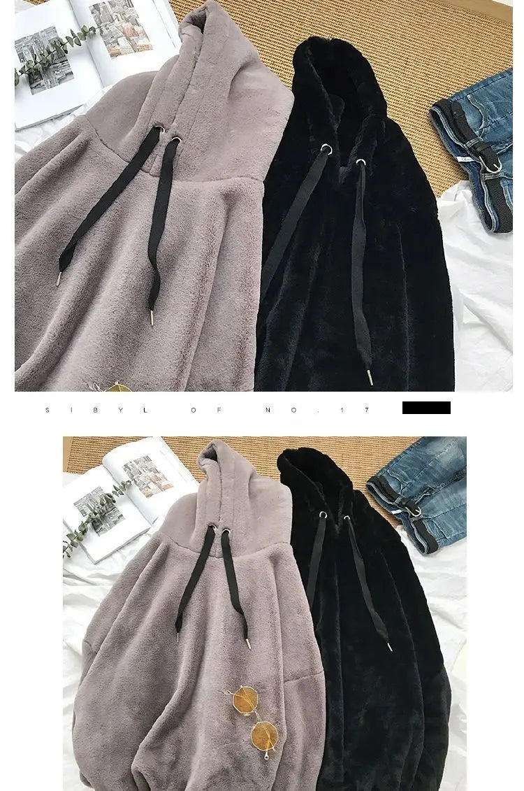 Plus Velvet Hoodies Women Hooded Thicker Furry Cozy Korean Fashion Couples Simple Winter Warm Coats Loose Outwear Slouchy Ins