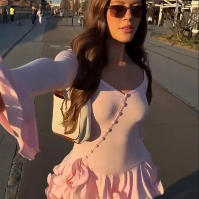 Elegant Solid Ruffles Hem Flare Sleeve Mini Dress for Women Irregular Single-breasted High Waist Dresses 2025 Lady Street Robe