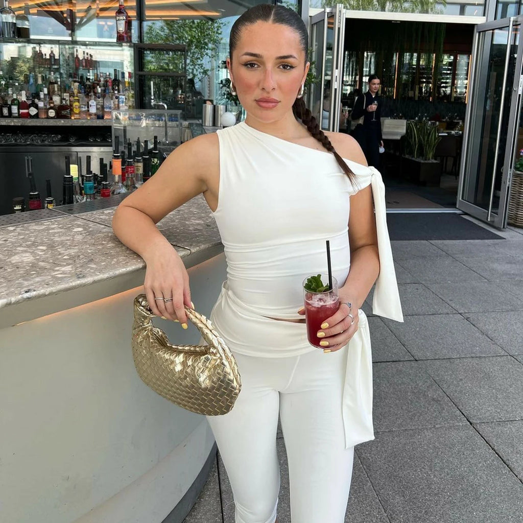 Hugcitar Fashion 2 Pcs Sets Solid One Shoulder Sleeveless Draped Sexy Top Knee Length Pants Women Y2K Outfits Festival Party