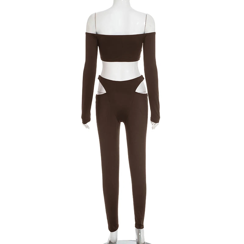 Cutenew Tight Slash Neck 2 Piece Set Women Crop Tops+High-Waist Hollow Leggings Matching Streetwear Casual Sporty Outfits