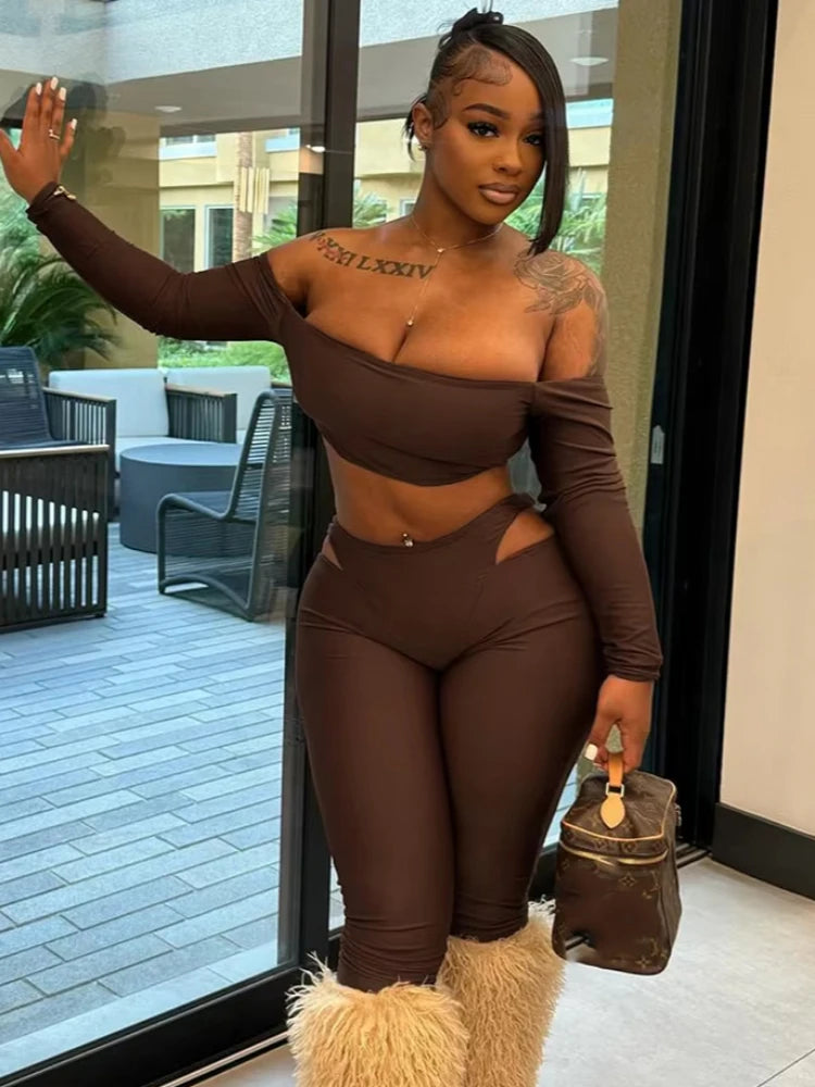 Cutenew Tight Slash Neck 2 Piece Set Women Crop Tops+High-Waist Hollow Leggings Matching Streetwear Casual Sporty Outfits