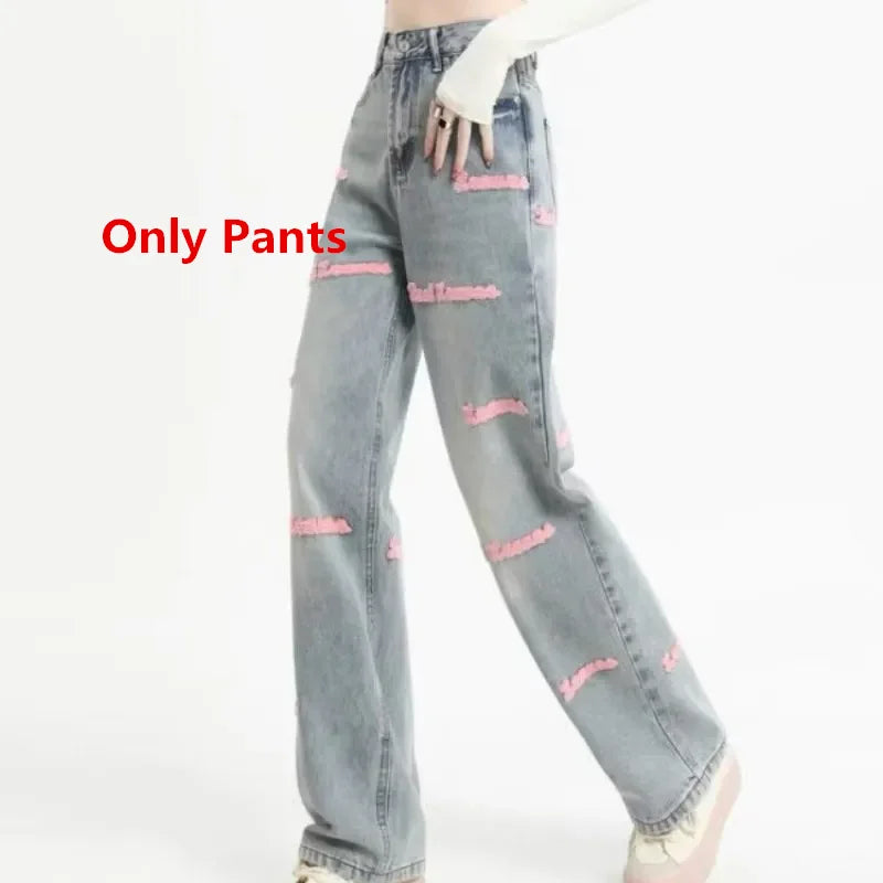 Spring Autumn Women Sweet Strawberry Sweater Cardigan Shirts Denim Pants 1 or 3 Piece Set Lady Fashion Knit Tops Jeans Outfits