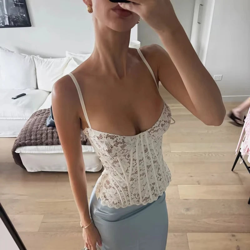 Sexy Slim Perspective Lace Corset Vest Women's Y2K New Slim Sleeveless Tanks Fishbone Waist Lace Up Summer Sexy Sleeveless Camis