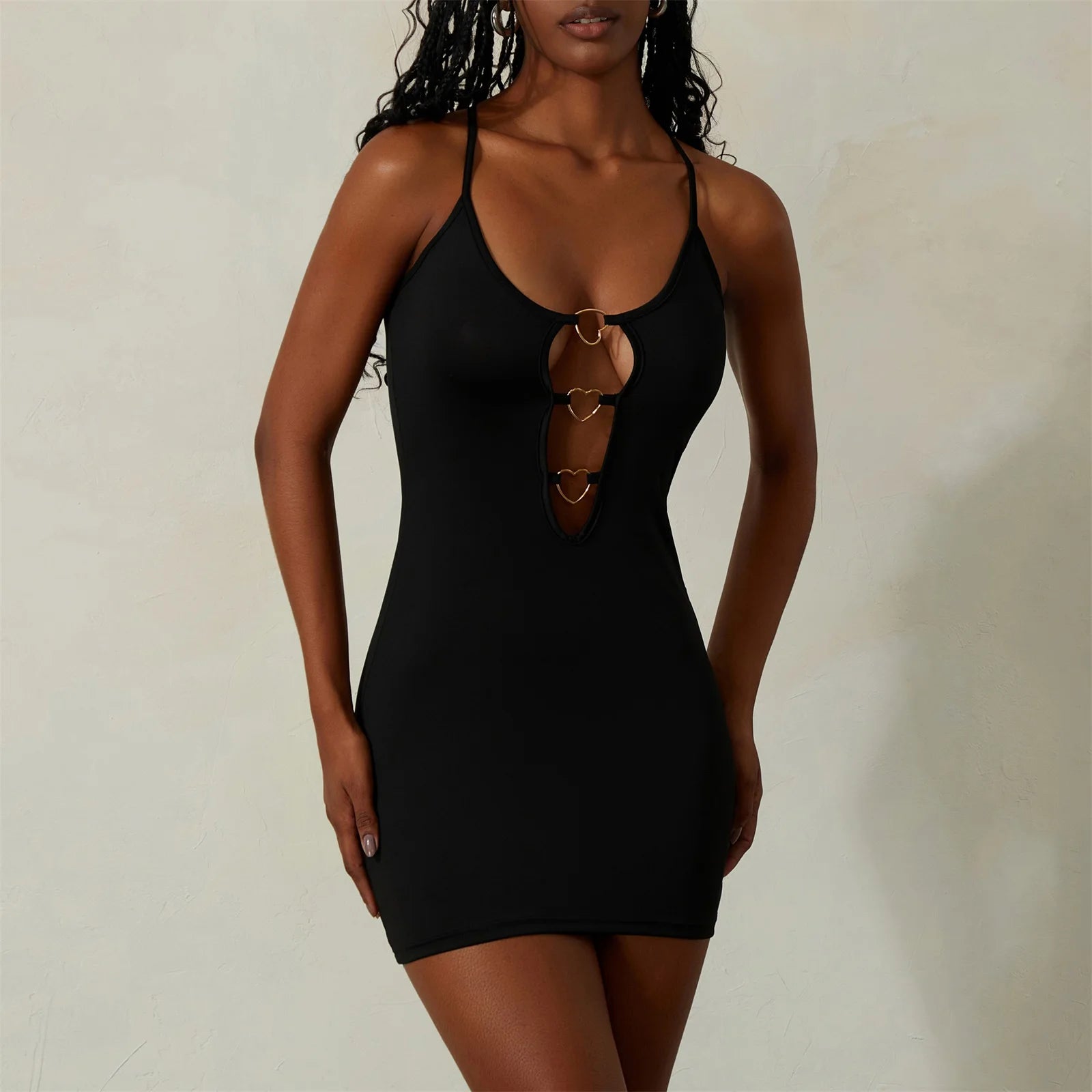 Women Bodycon Dress Party Wear Elegant Spaghetti Strap Mini Dress Metal Ring Cutout Backless Dresses Heart Sleeveless Vestidos