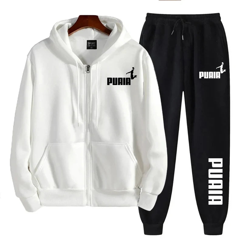 2025 new men's sportswear trend printed hooded sweatshirt pants 2piece set casual zipper jacket set daily clothing autumn winter