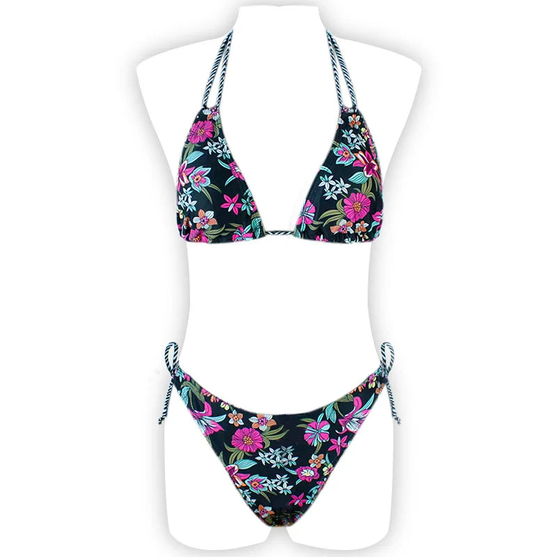 Leaves Print Swimsuit for Women,low Waist Drawstring Bikini,2-piece Swimwear,V-neck Susupender Backless Bathing Suit,beachwear