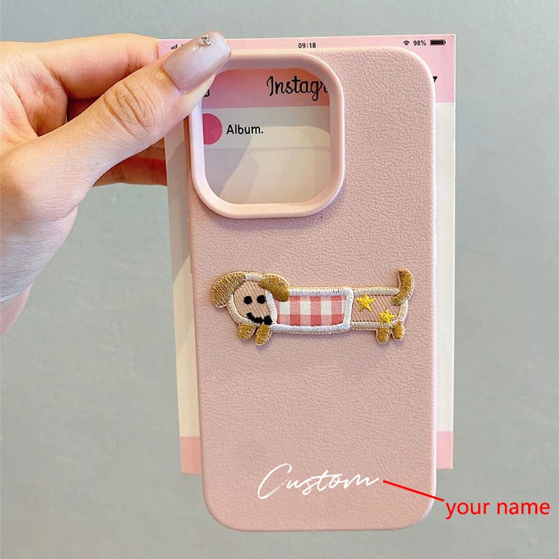 3D Cartoon Embroidery Dog Personalized Custom Name Phone Case For iPhone 16 15 14 13 11 12 Pro Max Plus X XS XR Candy DIY Cover
