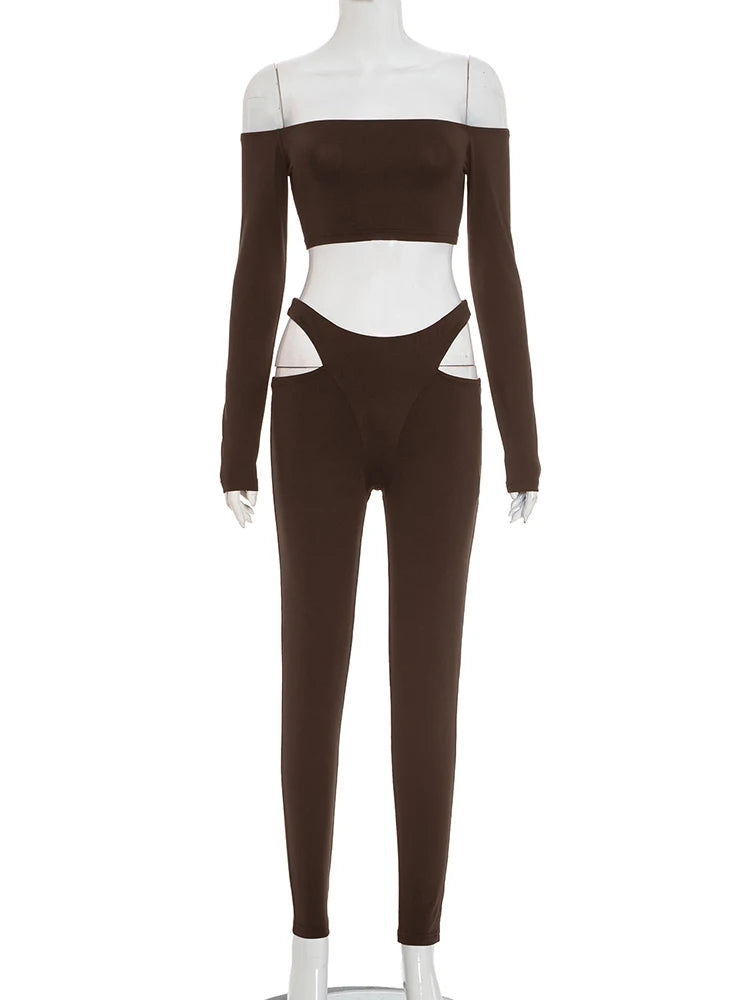 Cutenew Tight Slash Neck 2 Piece Set Women Crop Tops+High-Waist Hollow Leggings Matching Streetwear Casual Sporty Outfits