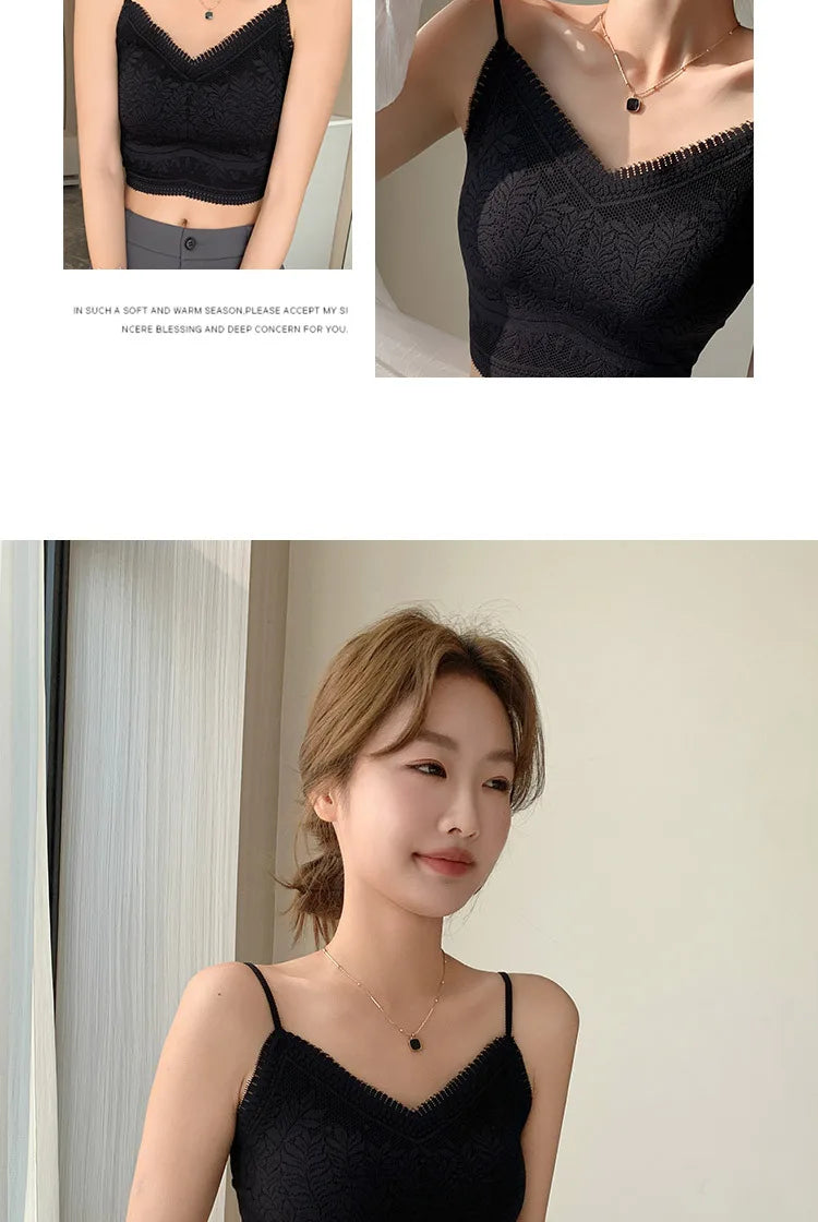 The New Women's Lace Vest with Seamless Small Halter Wrap Chest Seamless Underwear One Cup Anti-slip Bra Y2k Top Tank Top Halter