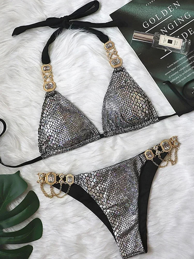 2025 Rhinestone Swimsuit Women Bikinis Crystal Diamond Bikini Set Metal Chain Swimwear female Luxury Aristocratic Swimming Suit