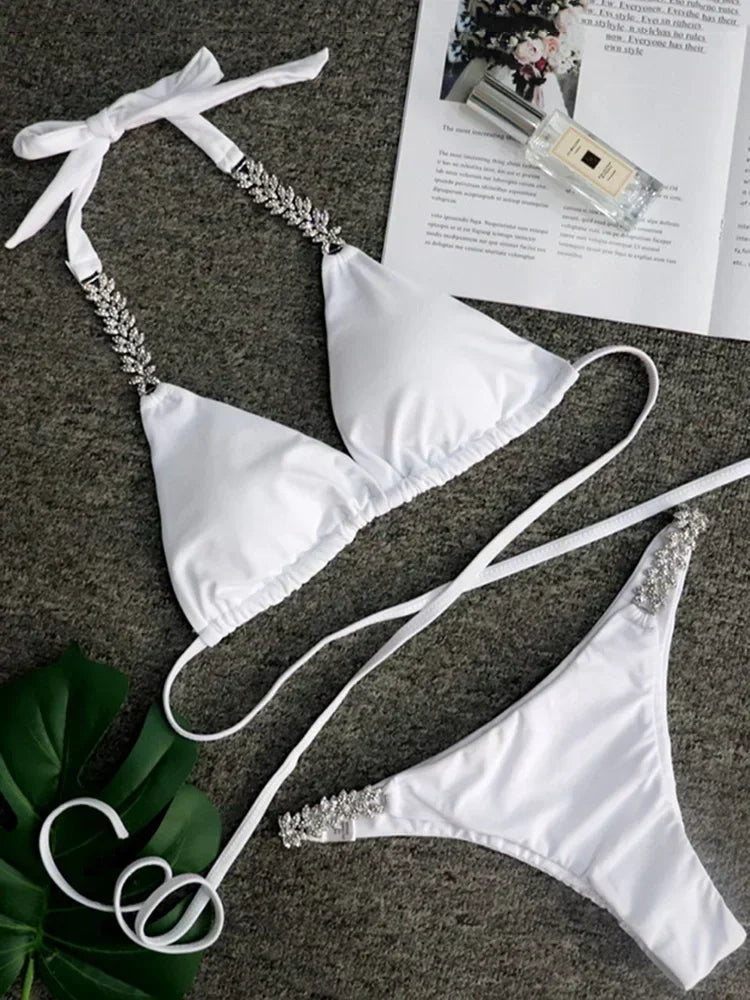 2025 Rhinestone Swimsuit Women Bikinis Crystal Diamond Bikini Set Metal Chain Swimwear female Luxury Aristocratic Swimming Suit