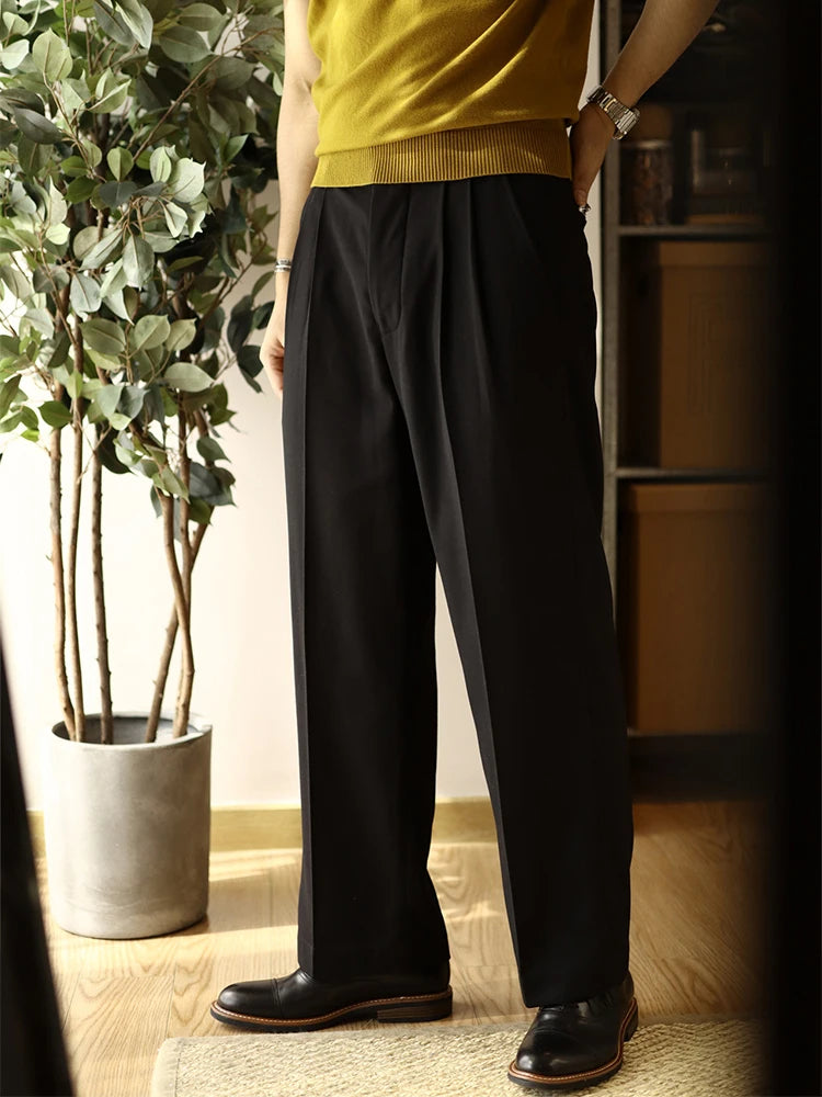 2025 Spring Trendy Mens Trousers Solid Color Pleated Loose Straight Pants Men Leisure Breathable Suit Trousers Men's Clothing