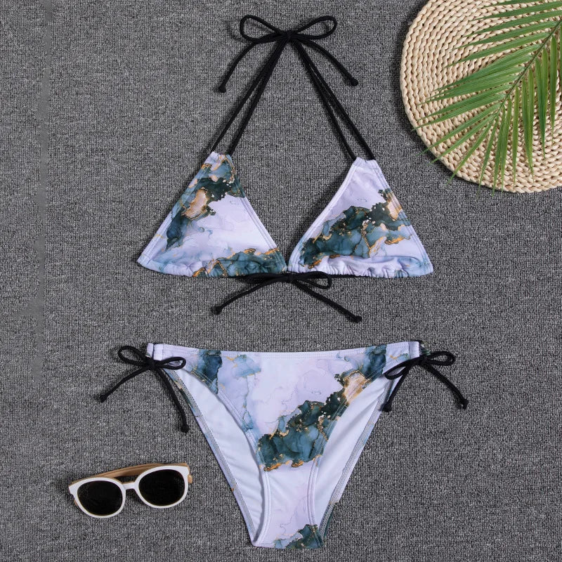 Leaves Print Swimsuit for Women,low Waist Drawstring Bikini,2-piece Swimwear,V-neck Susupender Backless Bathing Suit,beachwear