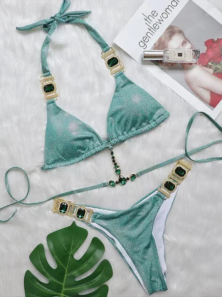 2025 Rhinestone Swimsuit Women Bikinis Crystal Diamond Bikini Set Metal Chain Swimwear female Luxury Aristocratic Swimming Suit