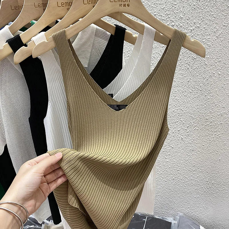Zjaiss 2026 Summer Fashion Women Camisole Ice Silk Knit Tank Top Slim Fit Sleeveless Base Top Solid Color V-Neck Crop Top