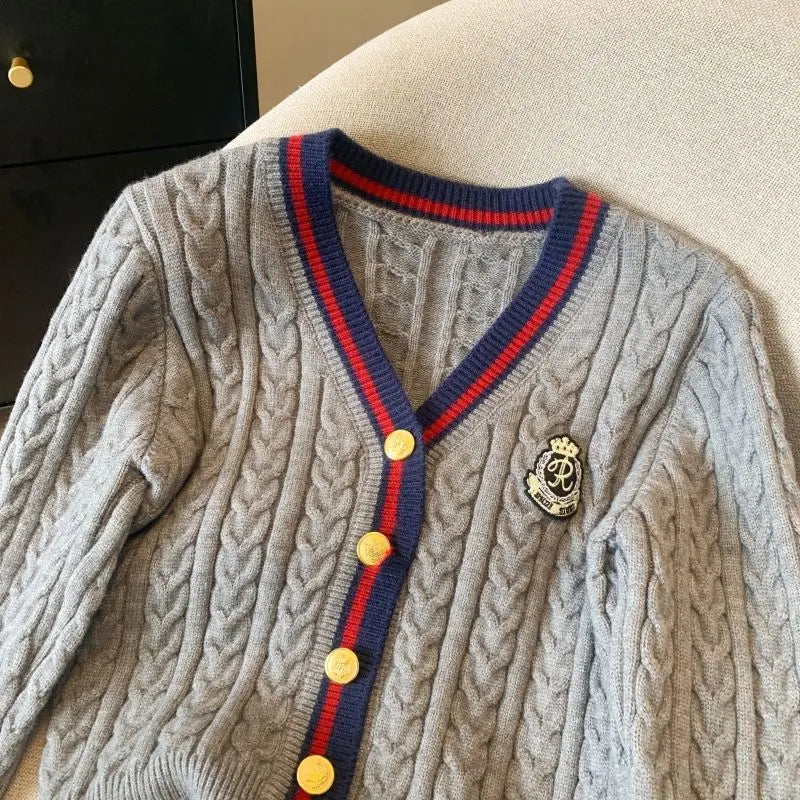 2025 Autumn Winter Preppy Style V-Neck Knitting Long Sleeve Cardigan Women Casual Appliques Single Breasted Female Loose Sweater