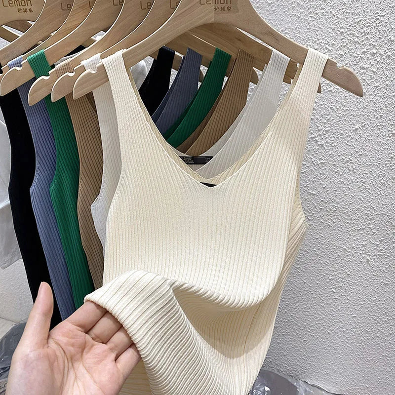 Zjaiss 2026 Summer Fashion Women Camisole Ice Silk Knit Tank Top Slim Fit Sleeveless Base Top Solid Color V-Neck Crop Top