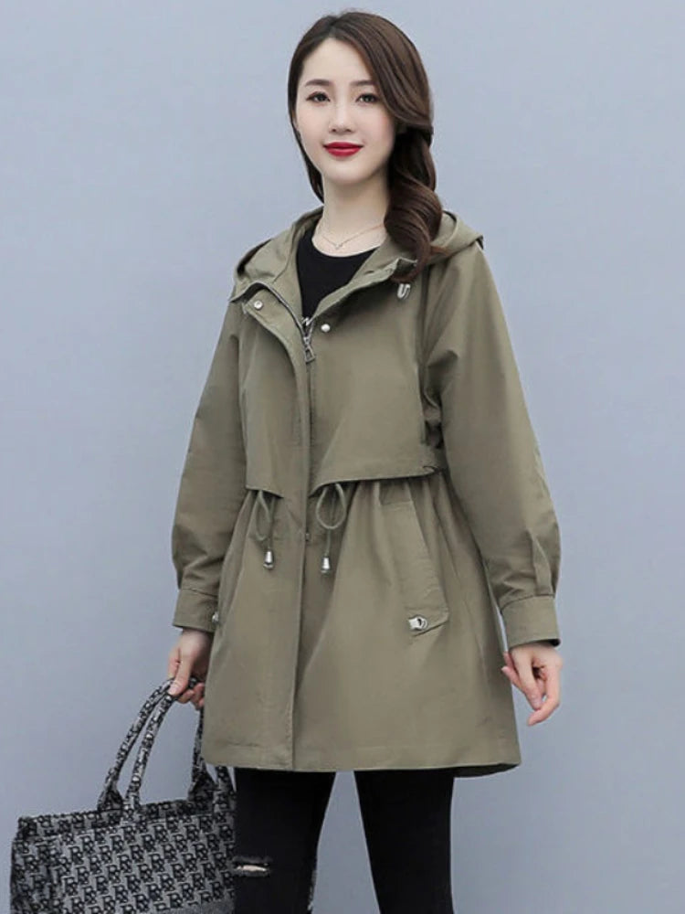 Spring and Autumn 2023 Women's Mid-length Trench Coat Hooded Zipper Tie-in Jackets British Style Loose Coats Women's Clothing