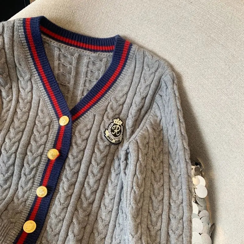 2025 Autumn Winter Preppy Style V-Neck Knitting Long Sleeve Cardigan Women Casual Appliques Single Breasted Female Loose Sweater