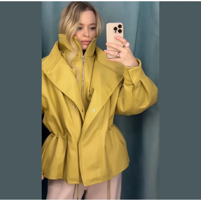Fashion Brown Slim Waist Leather Jacket Women Loose Lapel Long Sleeve One Button Zipper Jackets 2026 Spring Street Lady Outwear