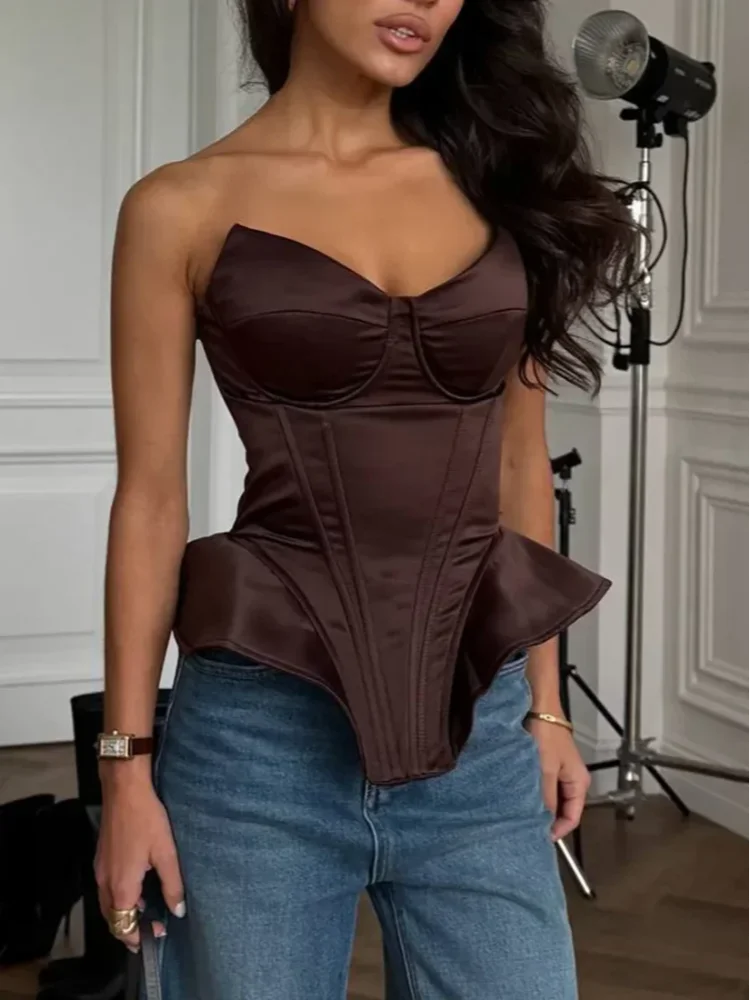 Sexy Fishbone Strapless Short Top Women Chic Sleeveless Off-shoulder Backless Waist Cinching Tops 2026 Lady Evening Party Blouse